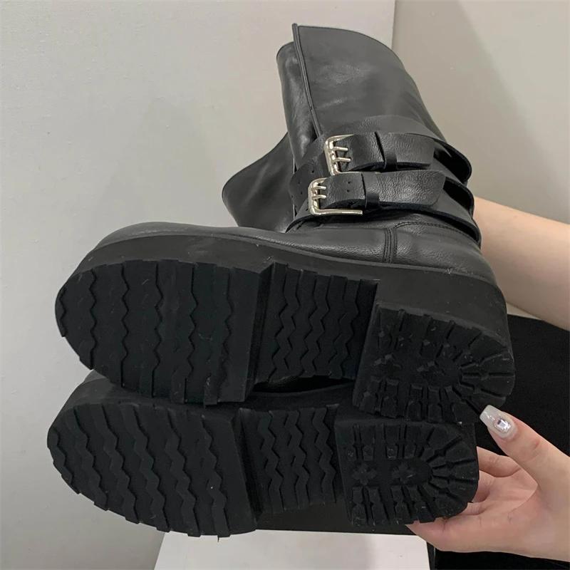 Eilyken Designer Round Toe Woman Knee High Boots Square Heels Buckle Strap Long Booties Comfortable Shoes Zapatos Mujer