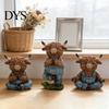 Yoga Pose Animal Figurines Highland Cow Resin Figurine, Farmhouse Style Overalls Statues, Waterproof Meditation Sculptures Garden Ornament for Indoor