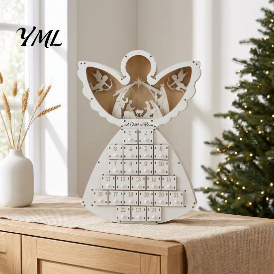 Wooden Advent Calendar with Drawers Angel Christmas 24 Storage Drawers, Countdown Organizer to Tabletop Decoration for Winter Holiday Party Favors