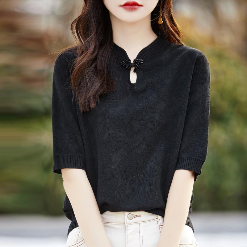 Spring/Summer Wool Knit Qipao Collar Mid-Sleeve Jacquard Top