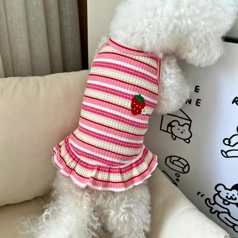 Dog Dress Girls 2 Set Dog Summer Clothes Cooling Skirts Puppy Dresses Striped Strawberry Print Cat Dog Clothing Chihuahua Outfit