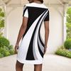 Women Plus Size Round Neck Short Sleeve Black White Printed Fitted Mini Dress