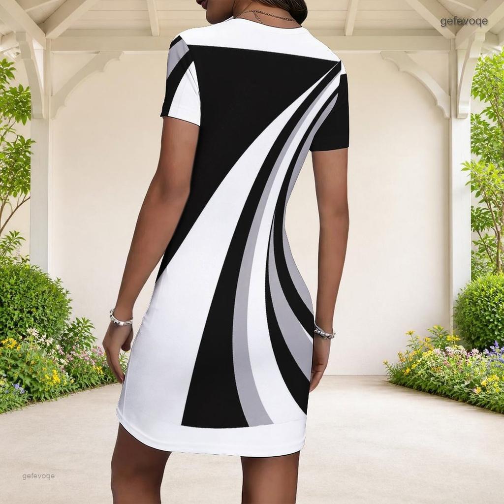 Women Plus Size Round Neck Short Sleeve Black White Printed Fitted Mini Dress