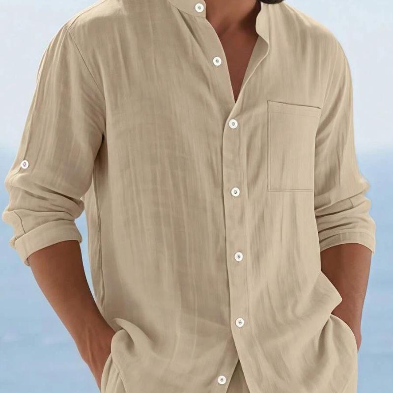 Spring Autumn Men's Cotton Linen Long Sleeve Button Up Shirt Vacation Casual Breathable Top