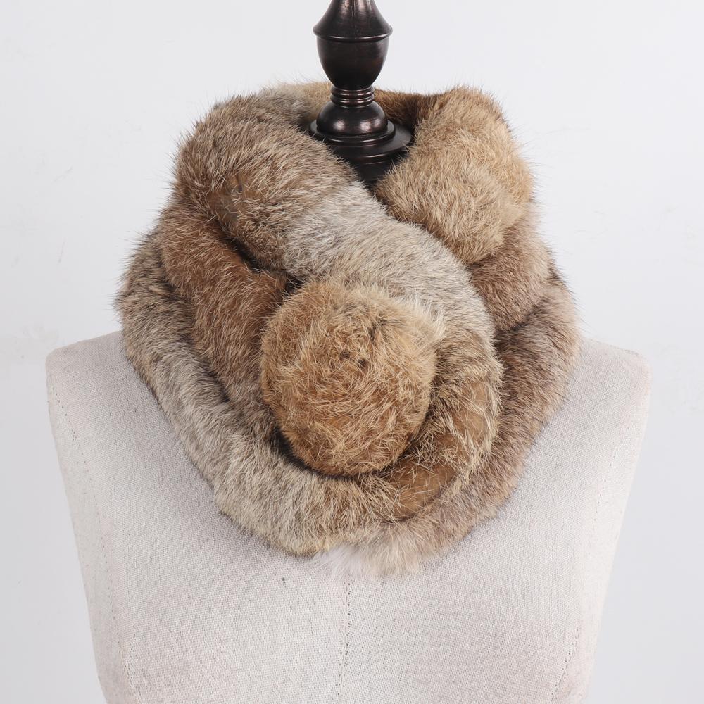 Russian Women Thick Natural Fur Scarf Winter Ladies Warm Real Rabbit Fur Muffler Knit Fluffy Pompoms Genuine Fur Scarves