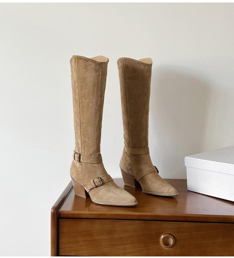 2025 New V-port Belt Buckle Thick-soled Long Knight Boots Women's Retro Pointed Suede Thick-heeled Denim High Boots