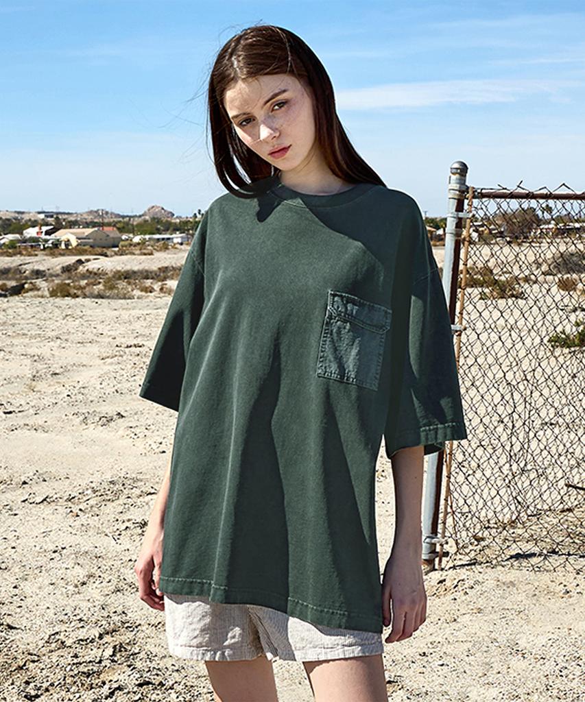 Peullukeu Out-Pocket Slam Logo Patch Pigment Short Sleeve T-Shirt Blue Green Fst734