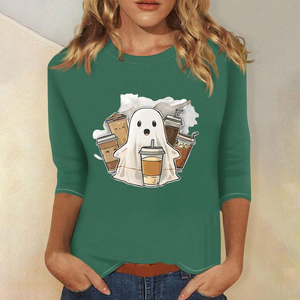 Dame Mote Casual Trekvartsermet Halloween Trykket Rund Hals Topp