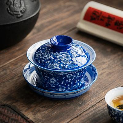 Gaiwan-Teeschale aus Porzellan, blau-weiß mit Pflaumenmuster, Blossom Sancai, chinesische Kungfu-Teeschale mit Teesieb, Teegeschirr für den Haushalt