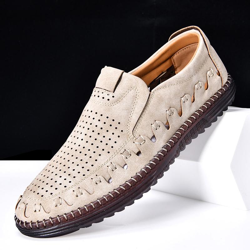 Men's Genuine Leather Casual Shoes Slip On Hollow Shoes Summer Large Size 39-48
