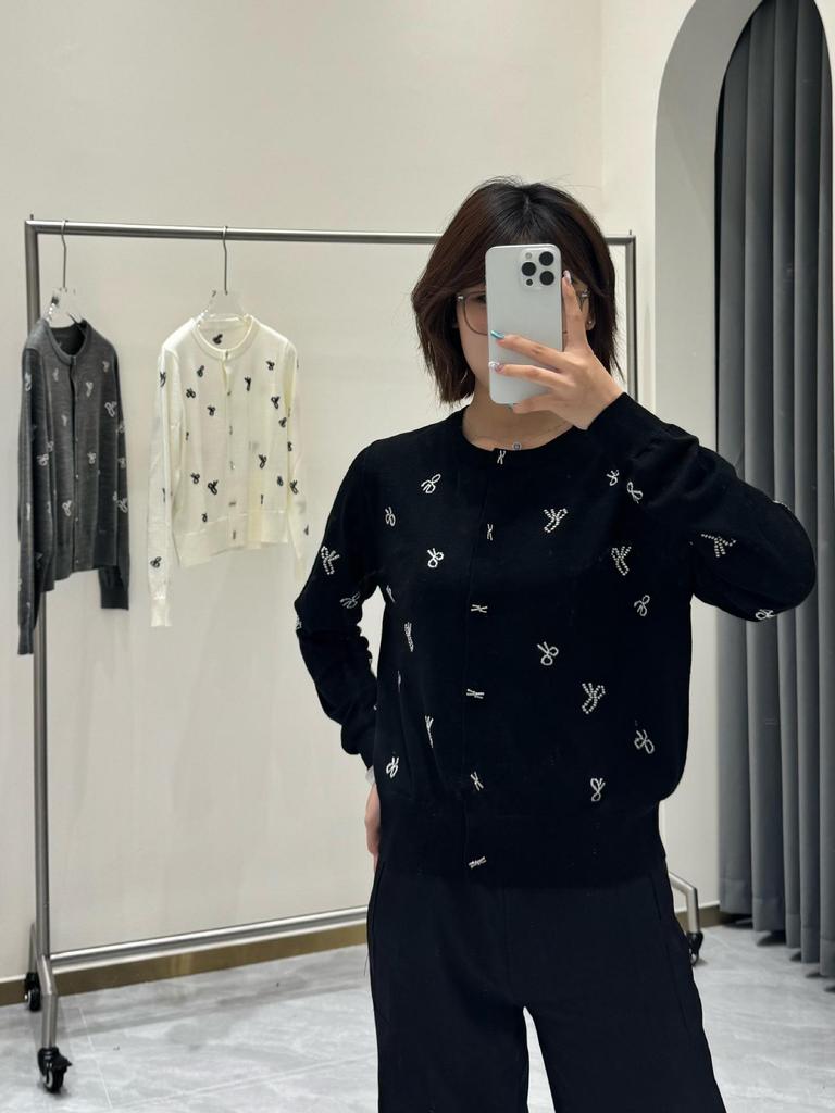 Spring MIU Series Slim Wool Bow Jacquard Cardigan