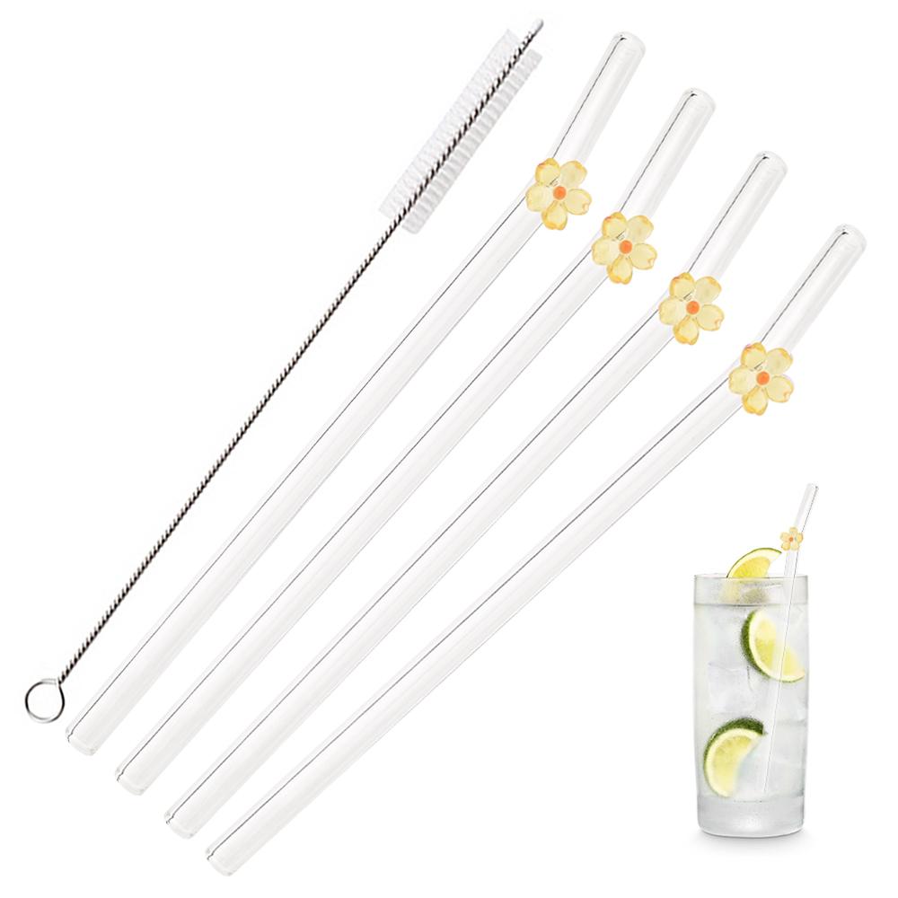 

5Pcs 8mm Reusable Cute Flower Pattern Glass Straws with Cleaning Brush for Coffee Lover Smoothies Frozen Drinks Tea Juice золотой