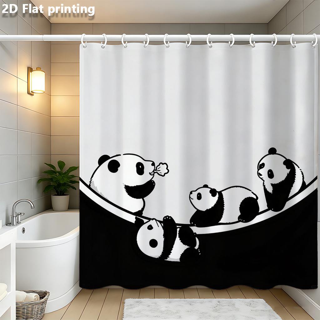 Panda Family Shower Curtain 1Pc Polyester 2D Flat Print 70.8X70.8" Black White Illustration Grommet Top