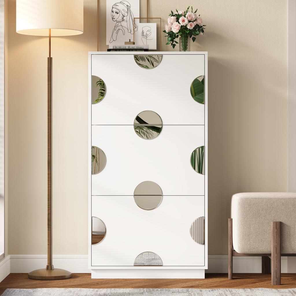 Modern and unique white shoe cabinet, shoe cabinet with 3 flaps, round mirror, large storage space, suitable for entryway/foyer