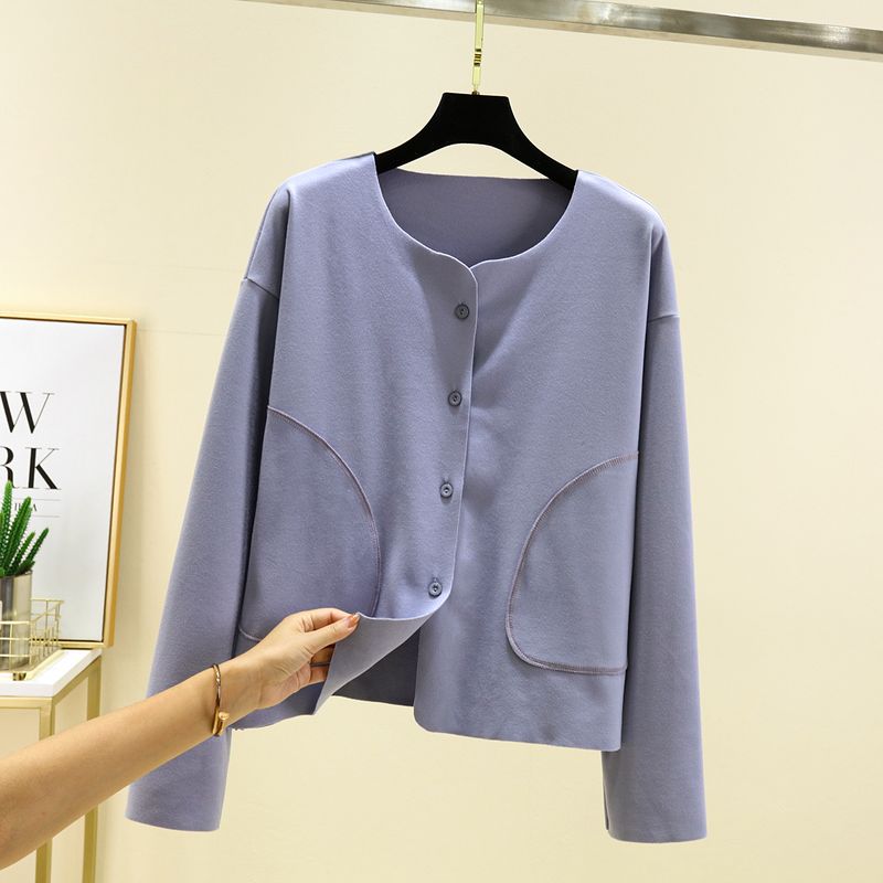 

Dralon Warm Cardigan Women Winter Fleece-lined Long sleeve Short Pocket Top Thick All-Match Casual Buckle Outerwear Gray Blue XL (55.00 kg-70.00 kg recommended