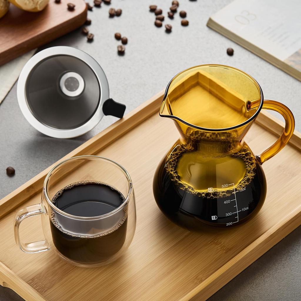 POKALOTEA Coffee Drip Coffee No Paper Coffee Filter Reusable Stainless Steel Microwave Graduations Included Server, Amber, Server, 500ml, Required,
