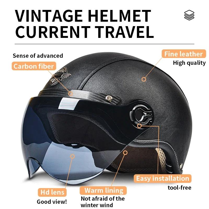 AD Retro Motorcycle Helmets with Harley Visor Leather Helmet for Man Electric Motorbike Vintage Protected Motor Safety Cap