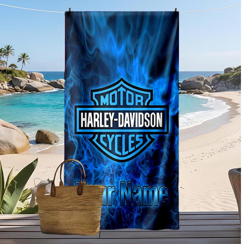 Asciugamano da Spiaggia Personalizzato Harley-Davidson, Stampa il Tuo Nome Testo Asciugamano Leggero Assorbente per Nuoto Viaggio