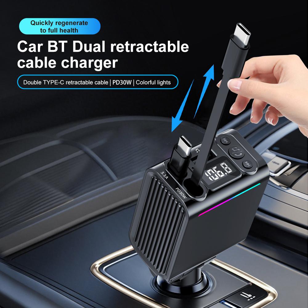 C88 USB Car Charger Cigarette Lighter Adapter with Dual Retractable Cable Bluetooth-Compatible 5.3