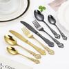 European Style Stainless Steel 4pcs Dinnerware Set - Retro Hollow Design Gold Spoon, Fork and Royal Steak Knife for Home Decor