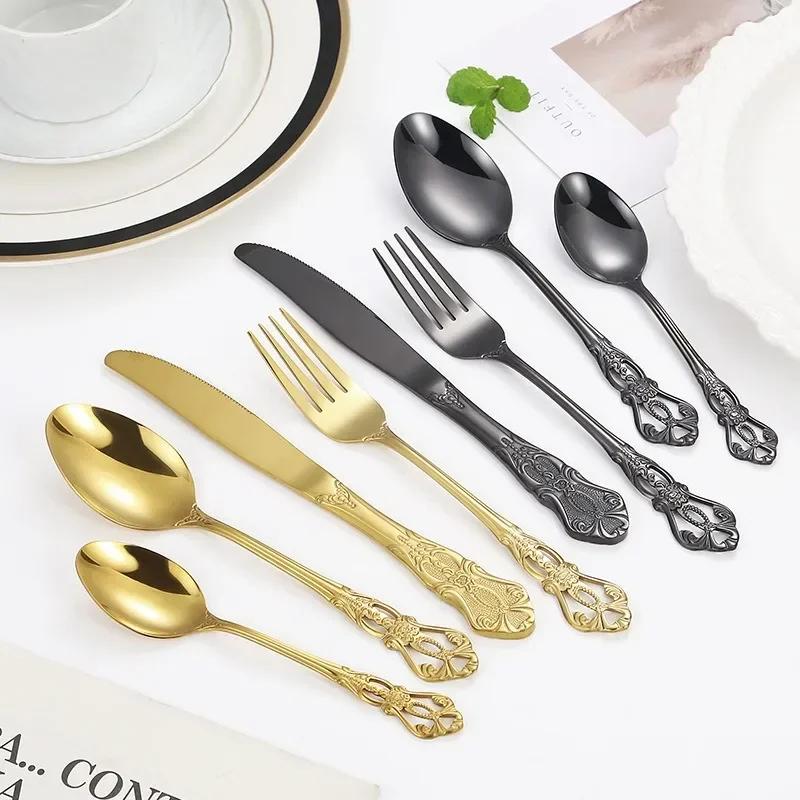 European Style Stainless Steel 4pcs Dinnerware Set - Retro Hollow Design Gold Spoon, Fork and Royal Steak Knife for Home Decor