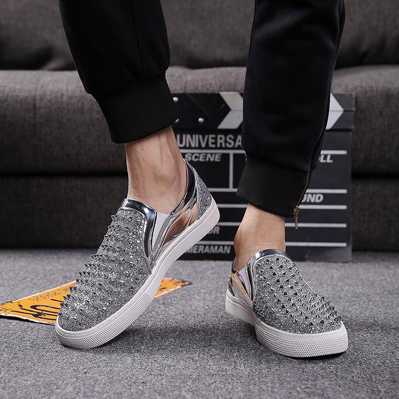 Pantofi sport de vară pentru bărbați, casual, punk rock, cu nituri, la modă, leneși, negri și argintii, mocasini, pantofi sport de designer pentru tineri