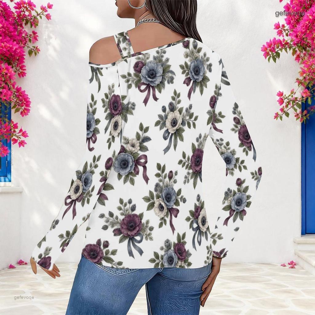 Women Plus Size White Floral Printed Asymmetric Cutout Neck Cold Shoulder Long Sleeve Fitted Top
