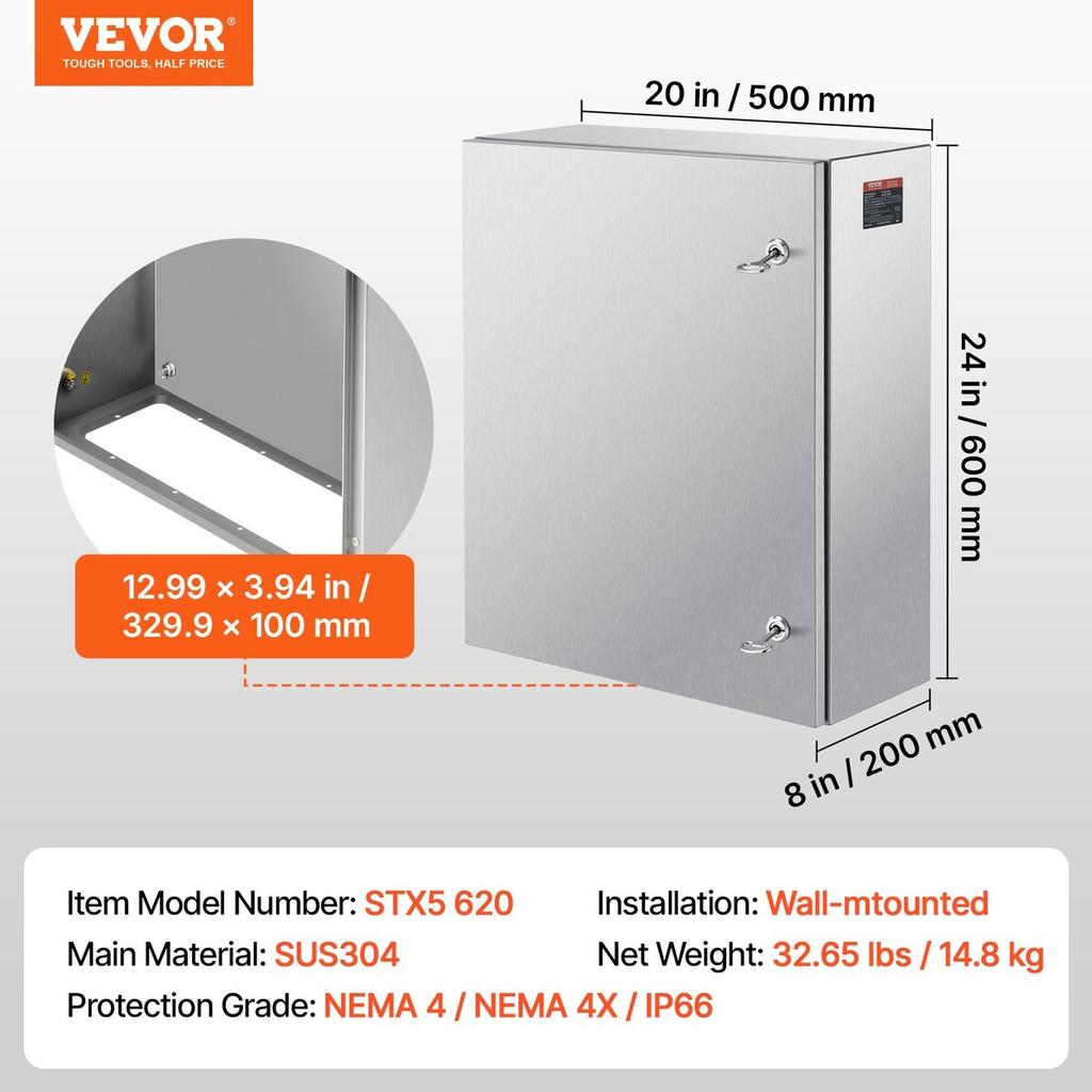Steel Electrical Box, 24"x 20"x 8", 304 Stainless Steel Electrical Enclosure Box, Wall-Mounted Outdoor Electrical Electronic Equipment Enclosure with