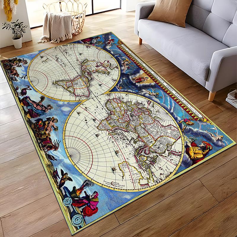Vintage World Map with Mythological Figures, Non-slip Rug Suitable for Living Room and Bedroom Sofas.