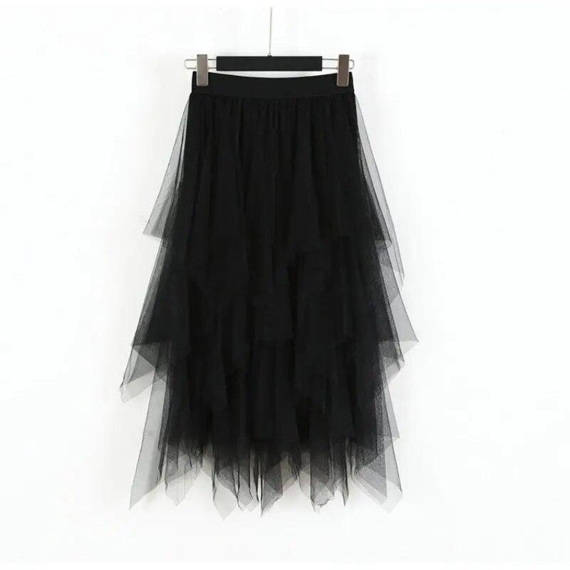 Elastic High Waist Long Tulle Skirt Women Irregular Hem Mesh Tutu Skirt