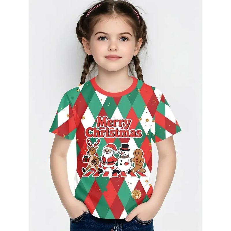 Round Neck 3D Christmas Theme Printed Short Sleeved Children's Girl T-shirts - Soft Medium Stretch Polyester Fabric Summer Relaxed Fit Clothing