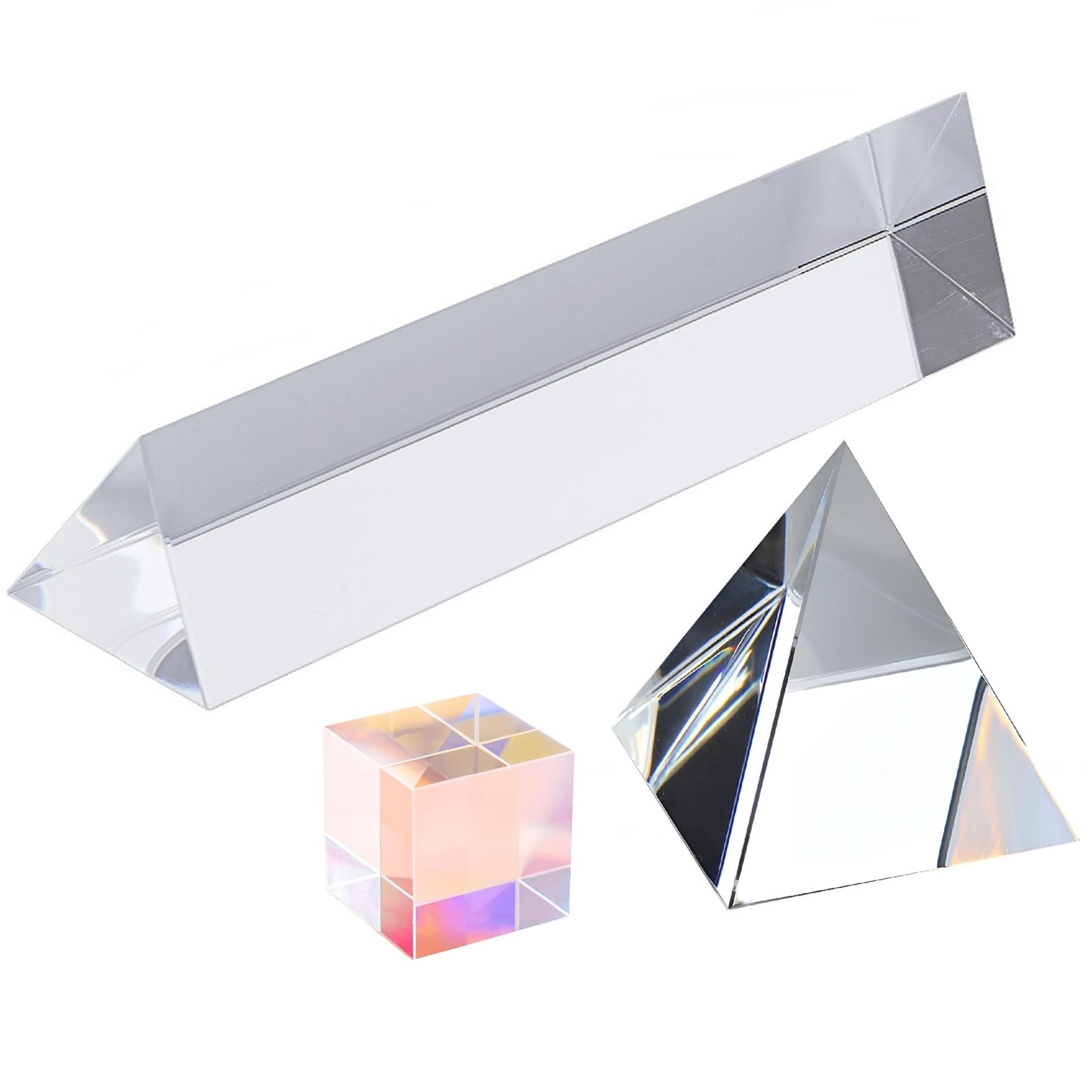 

ZERONOWA Prism Set Triangular Set Cube, Pyramid, Prism, Rainbow, Light, Refraction, Reflection, Dispersion, Mirror, 3-Piece (15cm)