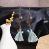 Turquoise Bohemian Owl Feather Tassel Earrings - Bronze Geometric Carved Design with Palm and Dreamcatcher Elements