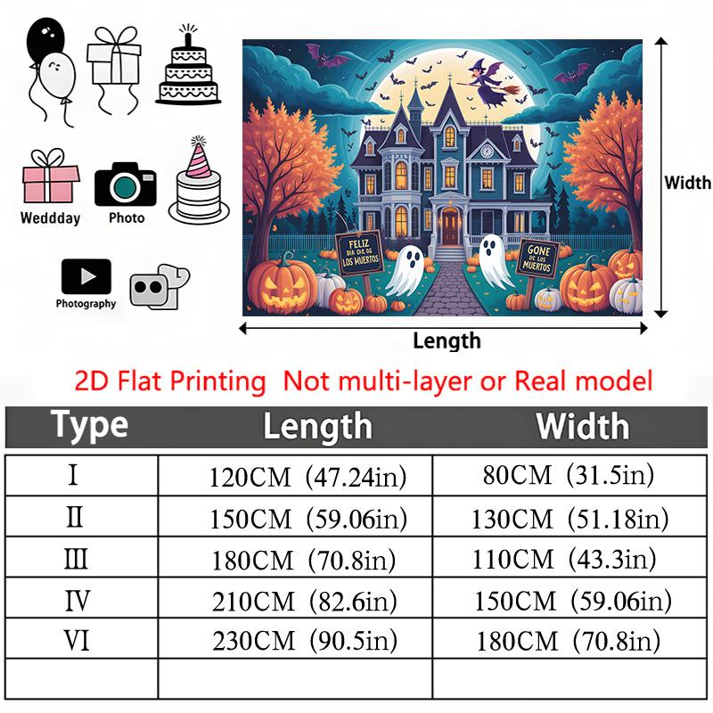 Party Backdrop Halloween Orange Moon Flat Haunted Mansion Pumpkins Ghosts Witches Celebration Photo Booth Party Decor