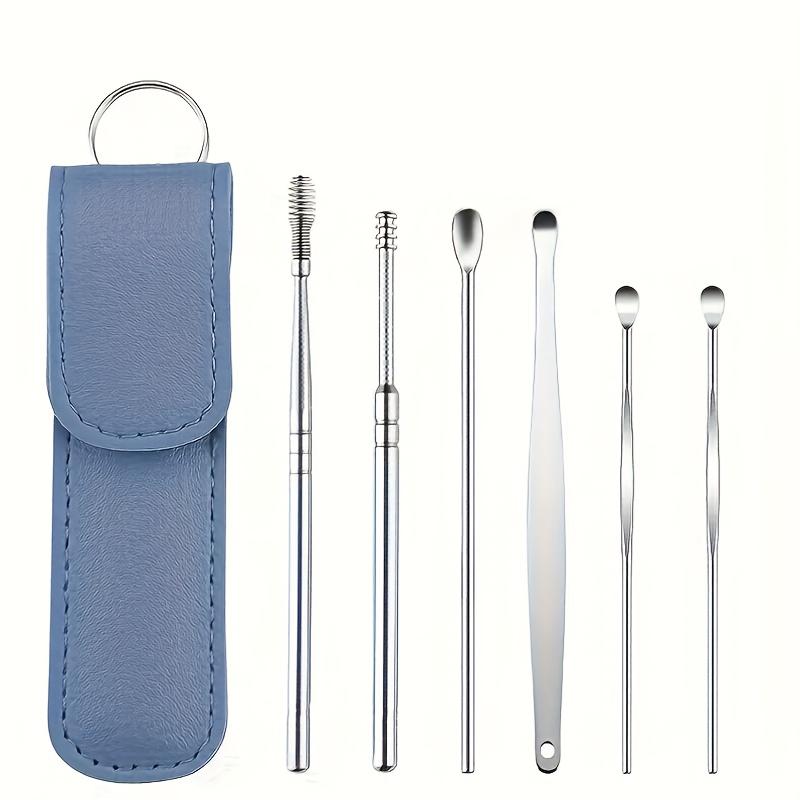 6-teiliges Ohrstöpsel-Set, Ohrenschmalz-Entfernungswerkzeug, Ohrenreinigungswerkzeug, Ohrenschmalz-Entfernungsset, tragbare Aufbewahrungstasche aus Leder, für Reisen und Geschäft