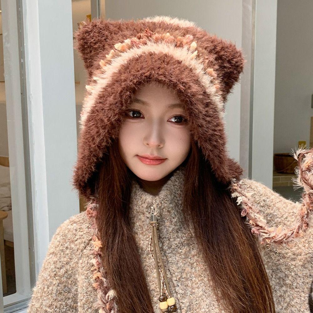 Polyester Plush Ear Flap Hat One Size Winter Trapper Hat Cozy Cat Ear Hat  For Women