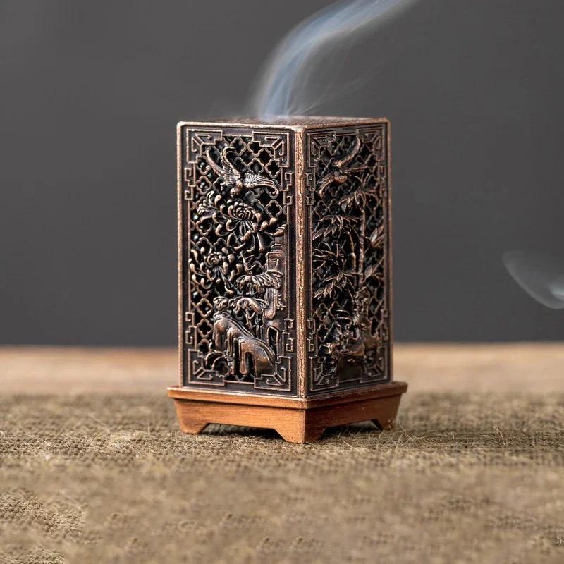 Vintage Carved Plum Incense Burner Square Vertical Alloy Incense Holder Buddhist Craft Chinese Antique Aromatherapy Zen Ornament