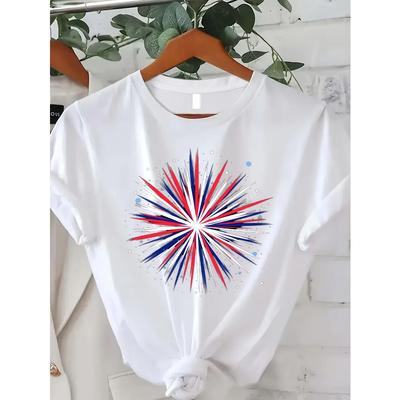 Europäische Größe Damen Oversized Patriotisches Amerikanisches Flaggen T-Shirt - Rot, Weiß & Blau Feuerwerk Grafik-T-Shirt, Alltägliche Lässige Outfits, Festliche Kleidung
