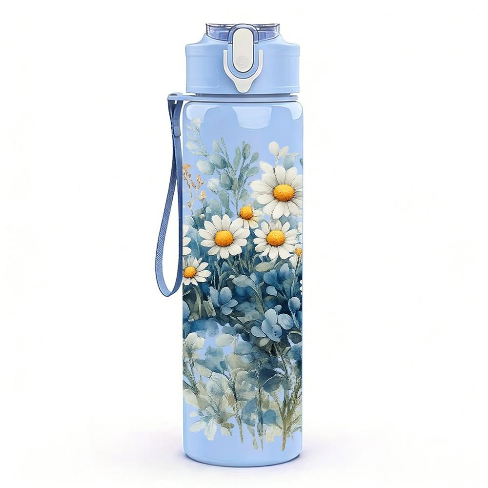 1PC White Daisy Blue Floral Bouquet Print 750ml Color Plastic Sports Water Bottle Leakproof Flip Straw Lid Suitable for Sports Office Home Use