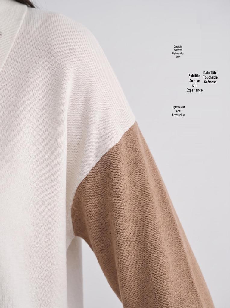 MU Women's Color Block Polo Neck Embroidery Knit Sweater - Long Sleeve, Autumn/Winter, Simple & Elegant.