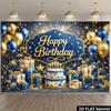 2D planar dark blue gold luxurious birthday party backdrop with the center featuring the golden "Happy Birthday" text.PMJ