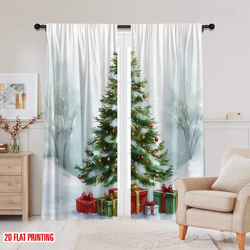 2pcs,2D plane printing Creative Curtains Christmas Tree Snow Gifts_a (3) Versatile Polyester (without rod) Room Decor Use for