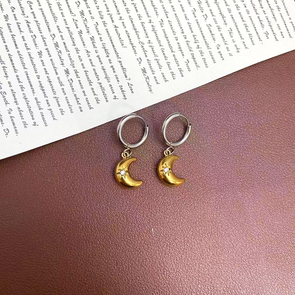 Borderless Fashion Star and Moon Two-Color Earrings: Gold-Plated Stainless Steel Silver Design Jewelry