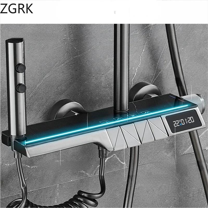 Digital Display Shower System Atmosphere Light Constant Temperature Shower Set Gun Grey High Appearance Glass Table Top Faucet