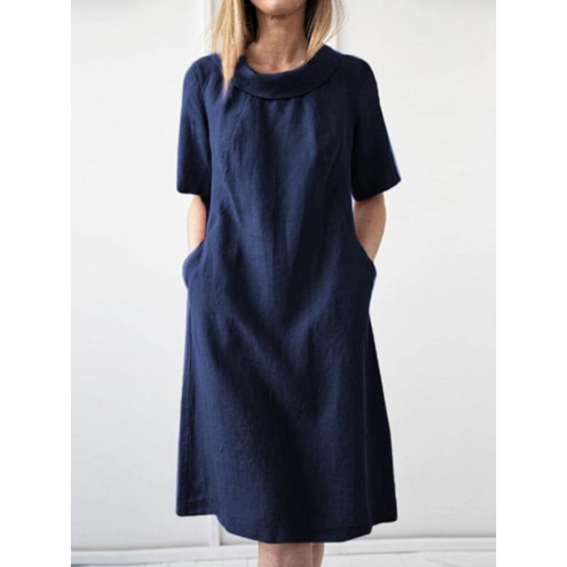 IHUASU Fashion Summer Spring Solid Color Print Short Sleeve O-Neck Casual Dresses