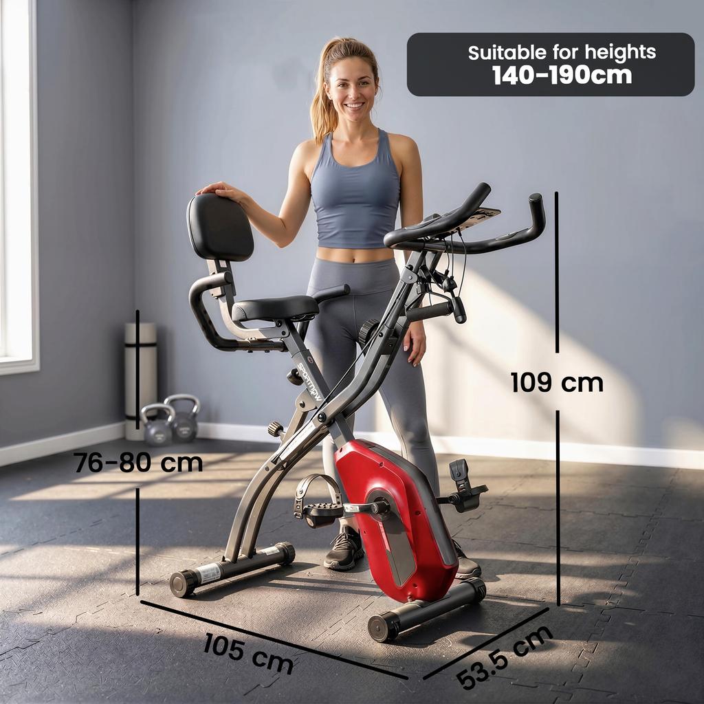 3-In-1 Folding Exercise Bike with Resistance Bands, Bluetooth App, 8-Level Magnetic Resistance, LCD Display, Red