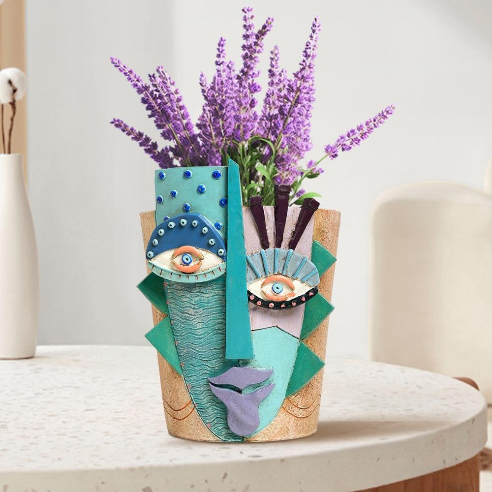 Picasso's Abstract Art Resin Flower Pot Colorful Graffiti Face Sculpture Garden Courtyard Decoration Succulent Plant Container