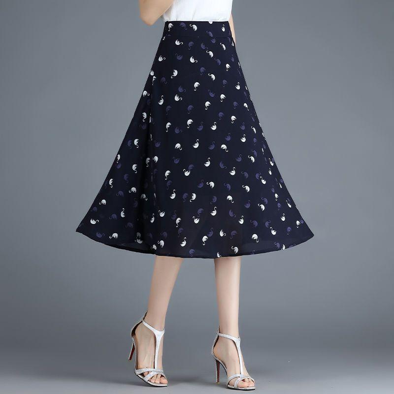 Women's Summer Floral Chiffon A-line Skirt High Waist Slimming Mid Length Pleated Skirt Skirt