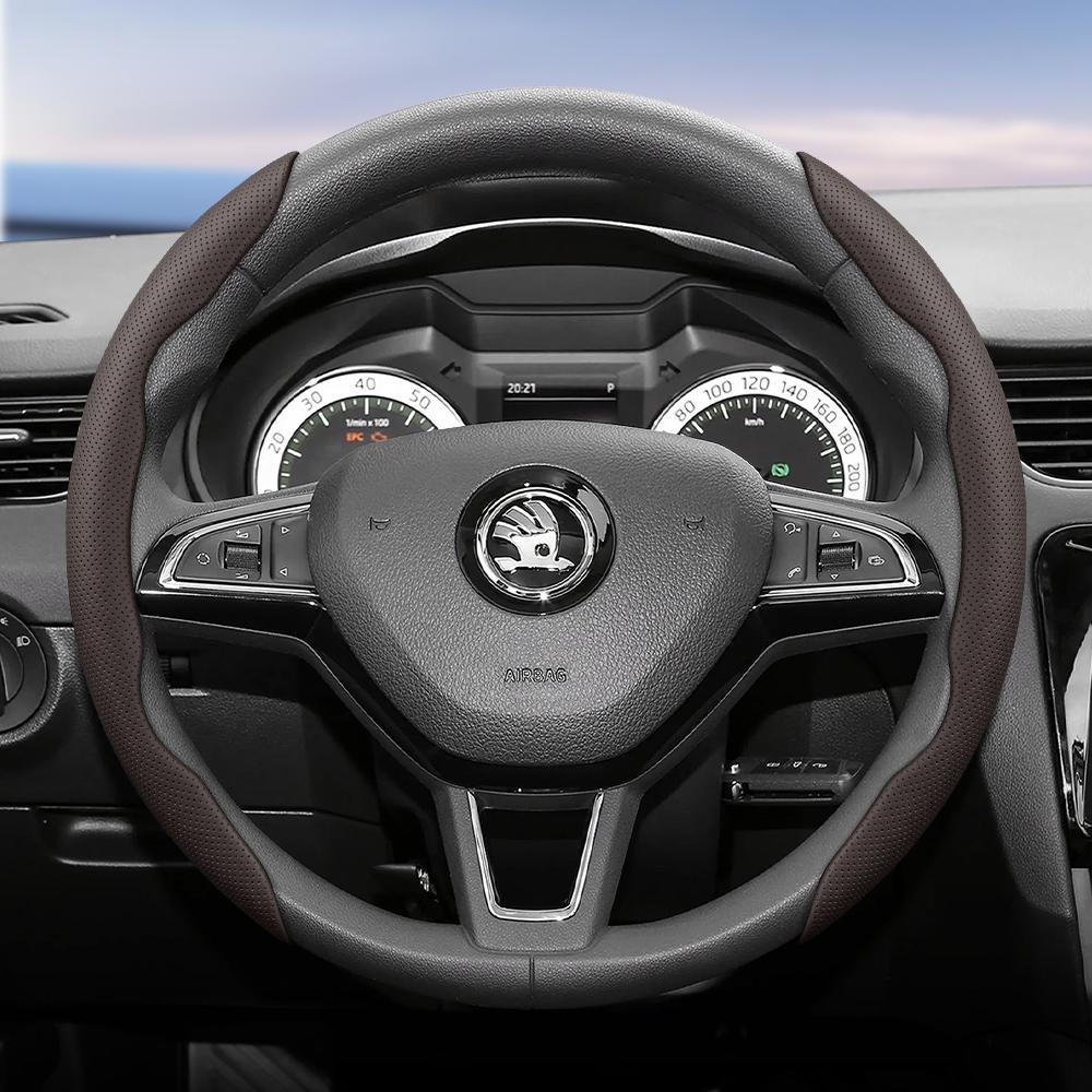WFM1  Suitable for Skoda Breathable Leather Steering Wheel Cover with Segmented Quick-Release Design, Non-Slip and Durable, Octavia Rapid Kodiaq 