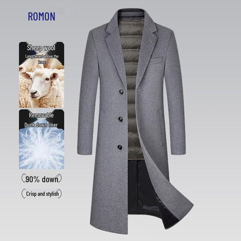 Romon Men's Slim Fit Long Wool Blend Overcoat with Detachable Down Liner